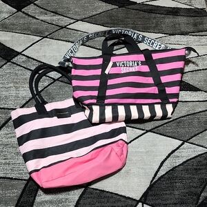 TWO VICTORIA SECRET 2017 STRIPED CANVAS WEEKENDER BAGS BUNDLE